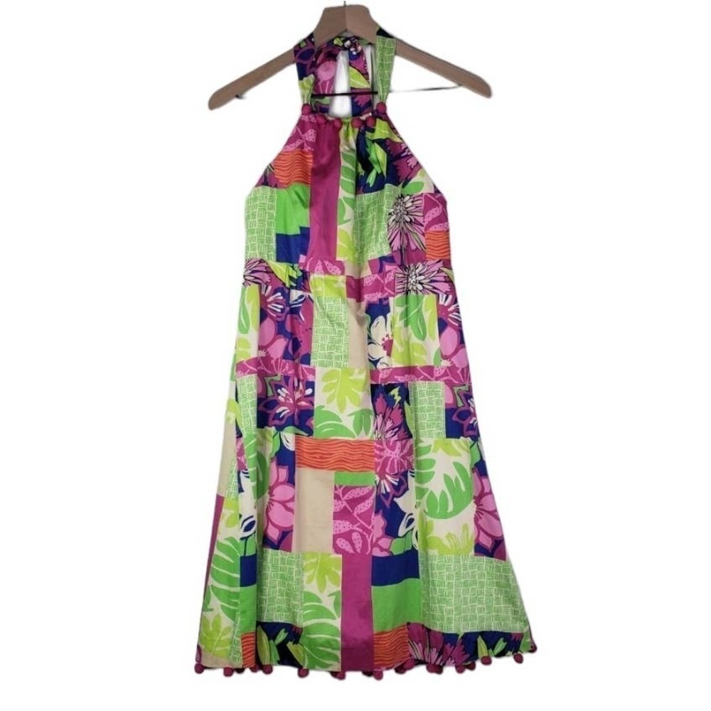 Lilly Pulitzer Brighton Halter Dress 2 Patchwork Pom Pom Trim Pink Green‎ Blue